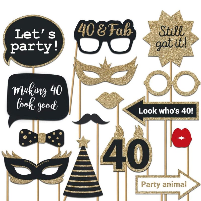 Perfect Occasion Fully Assembled 40th Birthday Photo Booth Props - Set of 30 - Black & Gold Selfie Signs - 40th Party Supplies & Decorations - Cute Bday Designs with Real Glitter - Did We Mention No DIY - Image 1